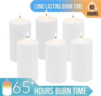 Unscented White Tall Pillar Candles, 65 Hour Burning Candle Pillars, Perfect for Decor, Weddings, Emergencies 3" X 6", 6 Count