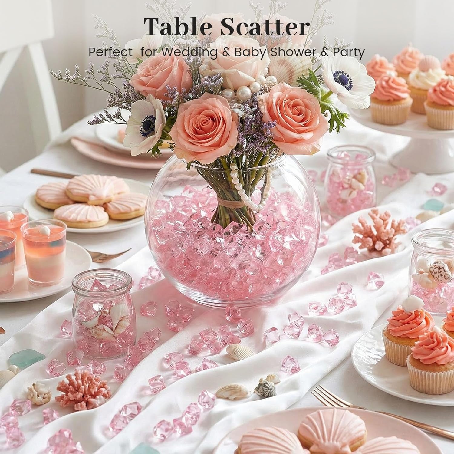 Pink Fake Ice, 150PCS Acrylic Fake Diamonds, Plastic Crystals Gems, Vase Fillers DIY Craft Makeup Brush Rocks Wedding Party Table Centerpieces Scatter Decorations