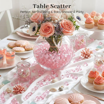 Pink Fake Ice, 150PCS Acrylic Fake Diamonds, Plastic Crystals Gems, Vase Fillers DIY Craft Makeup Brush Rocks Wedding Party Table Centerpieces Scatter Decorations