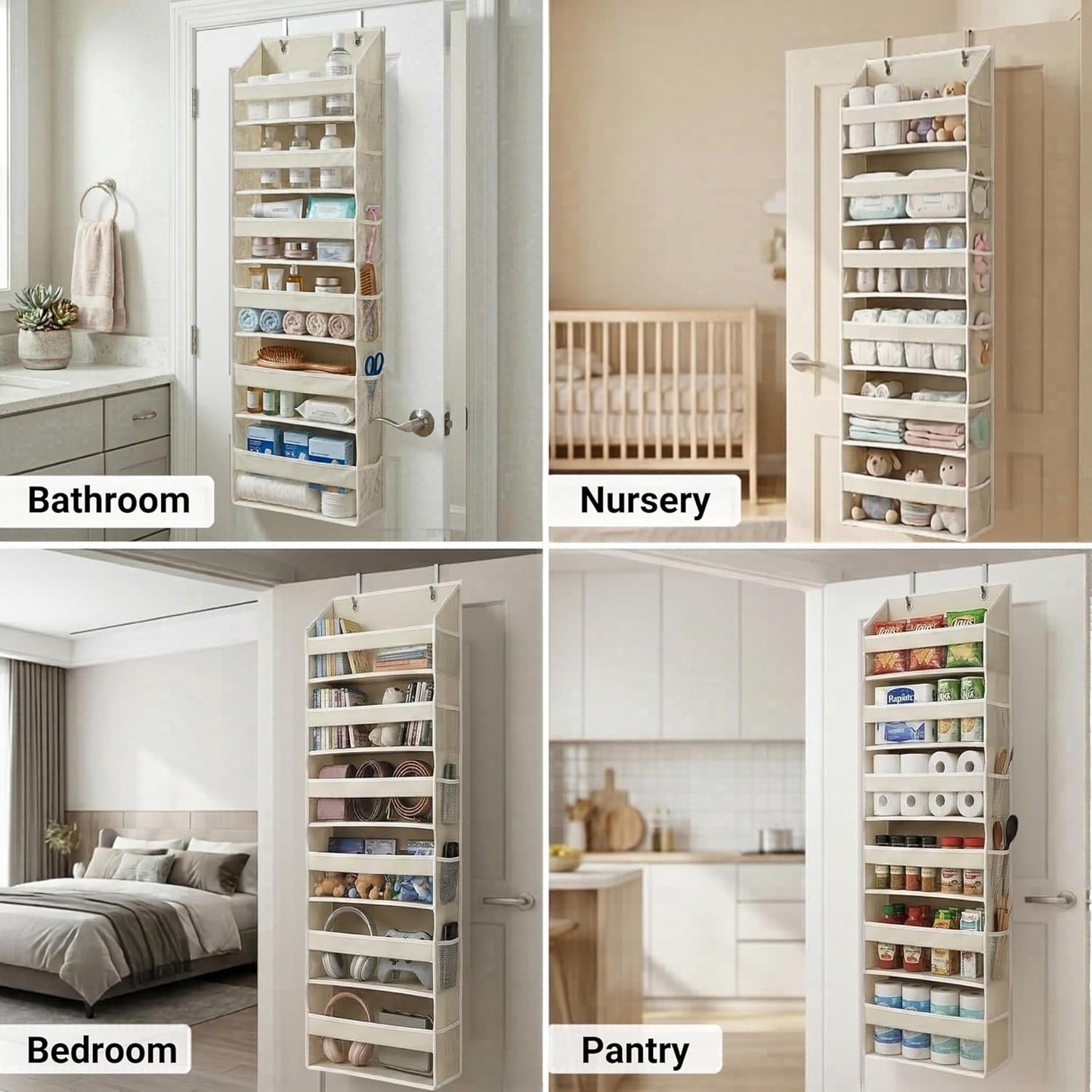 UPGRADED 6 Tiers over the Door Organizer Hanging - 100D EXTRA THICK & 50Lbs HUGE CAPACITY, 12 Side Mesh Pockets over the Door Shoe Organizer, Hanging Closet Organizer (Ivory, 1Pc)