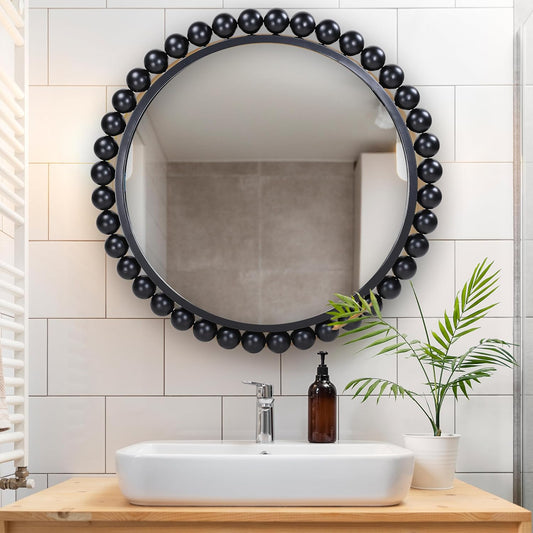 Black Circle Mirror - 33 X 33In - Chic round Mirror for Living Room, Bathroom, Entryway, Vanity Decor -Dimensional Crystal Clear Beads Reflect Light - Home Wall Decor