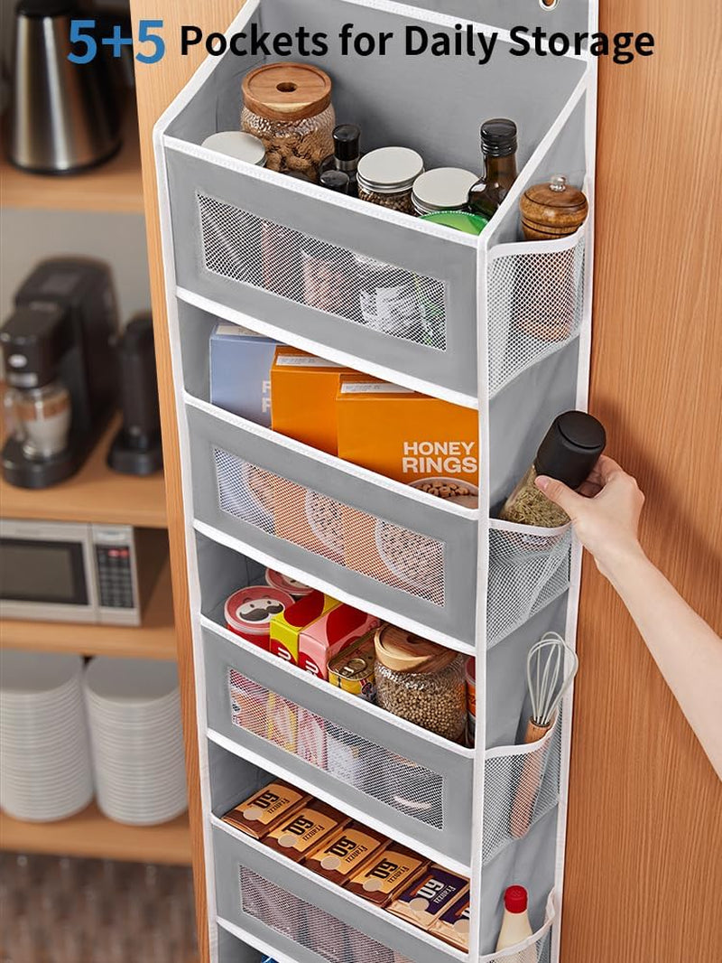 over the Door Organizer Storage, 5 Shelf Hanging Door Organizer with 5 Large Capacity Pockets, anti Tilt 44 Lb Load behind Door Storage for Bedroom, Bathroom, Pantry, Nursery, (Grey)