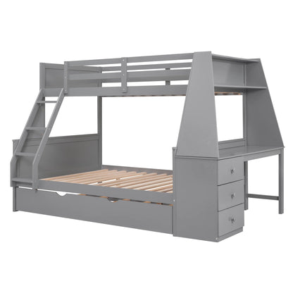 Wood Twin over Full Bunk Bed with Twin Trundle, Built-In Desk with Shelf and 3 Drawers for Kids Teens Adults, 3-In-1 Beds, Gray