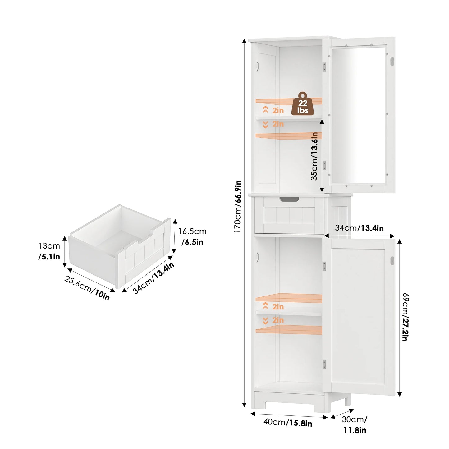 Bathroom Storage Tower, Narrow Linen Cabinet with Door and Drawers, Tall Bathroom Storage Cabinet for Small Spaces, White