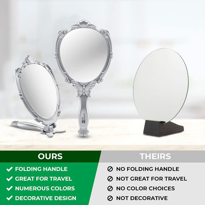 Decorative Hand Held Butterfly Design Mirror | 180 Degrees Full Folding Portable Travel Makeup Mirror (Silver)