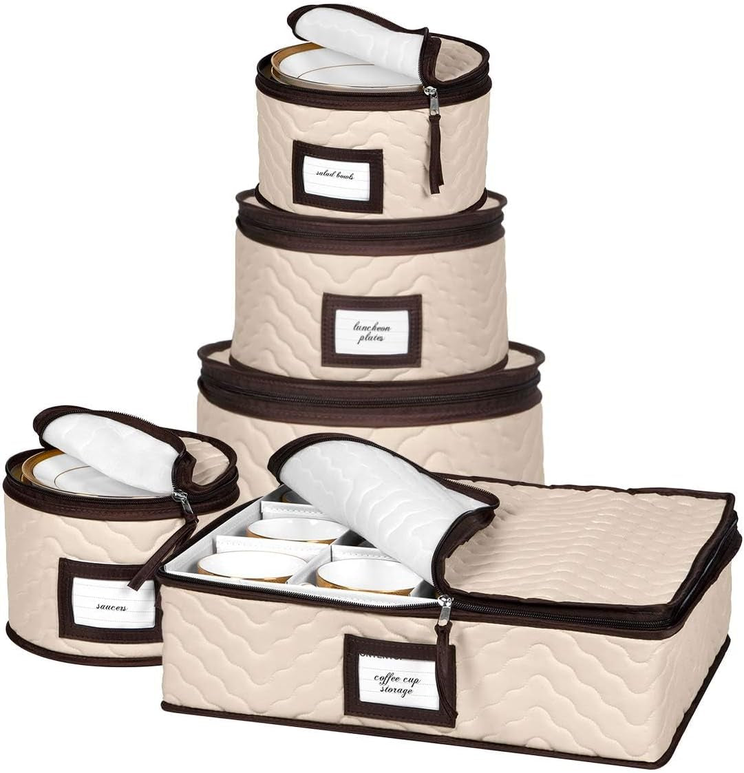 China Storage Containers 5-Piece Set Moving Boxes for Dinnerware, Glasses, Plates, Mugs and Saucers Sturdy Quilted Microfiber Dish Organizer with Dividers for Seasonal Storage - Holds Set of 12
