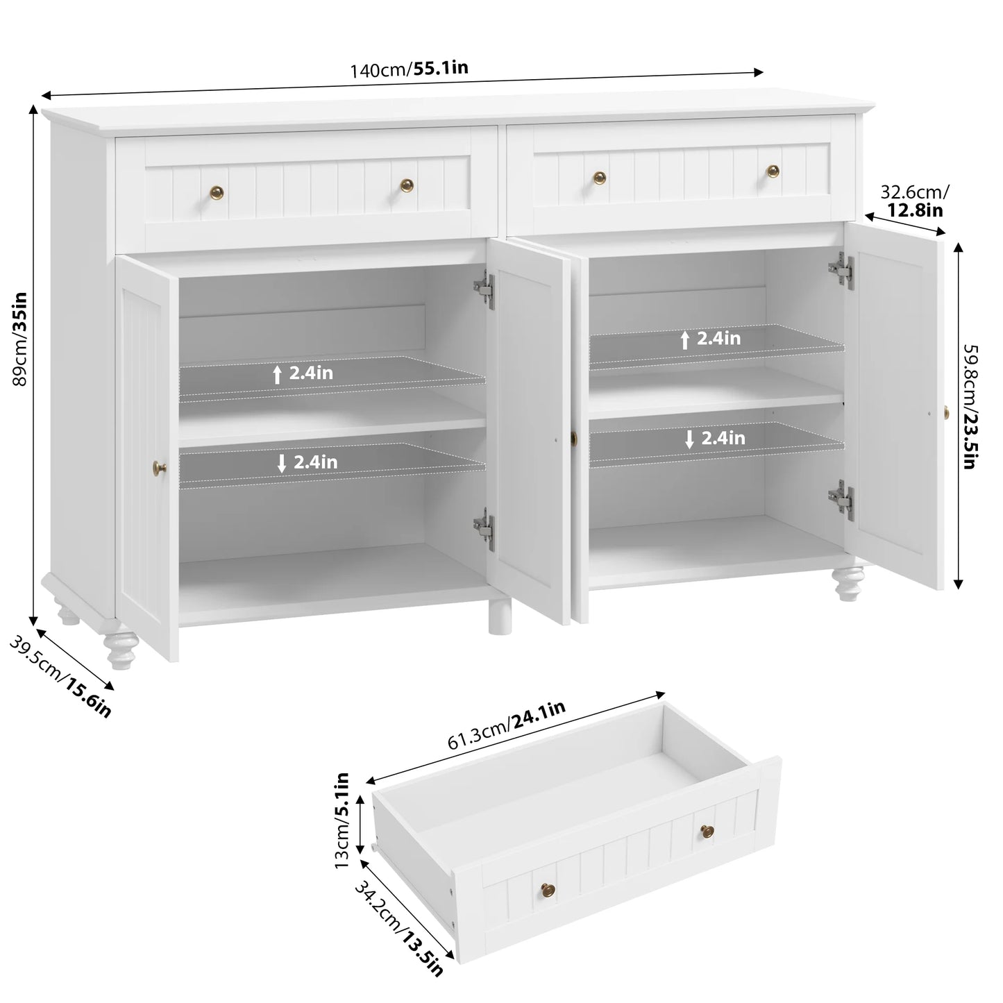 55.1"W Kitchen White Buffet Cabinet with Storage Drawer & Adjustable Shelf, Wood Coffee Bar Cabinet Sideboard for Dining Room