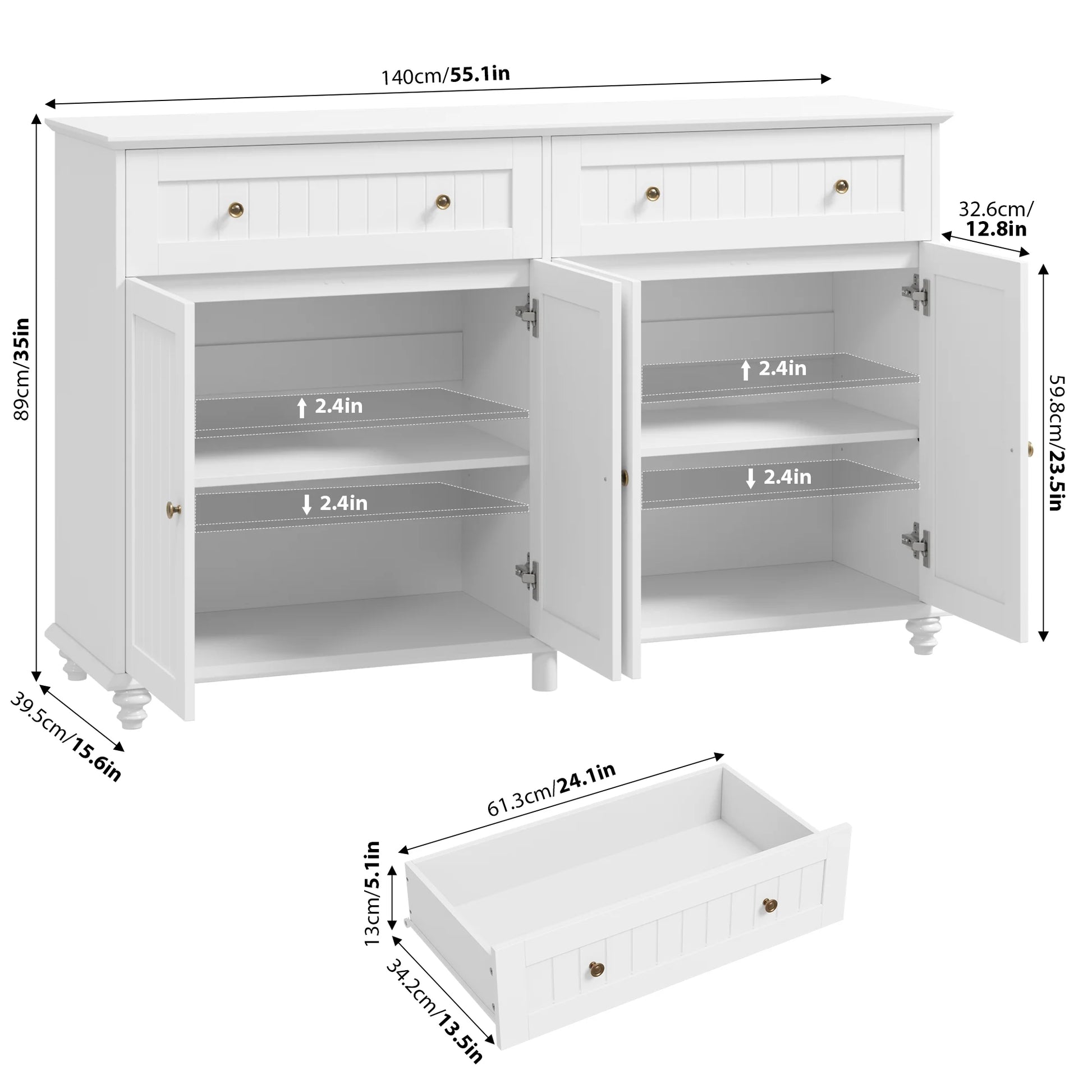 55.1"W Kitchen White Buffet Cabinet with Storage Drawer & Adjustable Shelf, Wood Coffee Bar Cabinet Sideboard for Dining Room