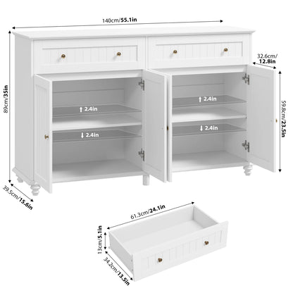 55.1"W Kitchen White Buffet Cabinet with Storage Drawer & Adjustable Shelf, Wood Coffee Bar Cabinet Sideboard for Dining Room