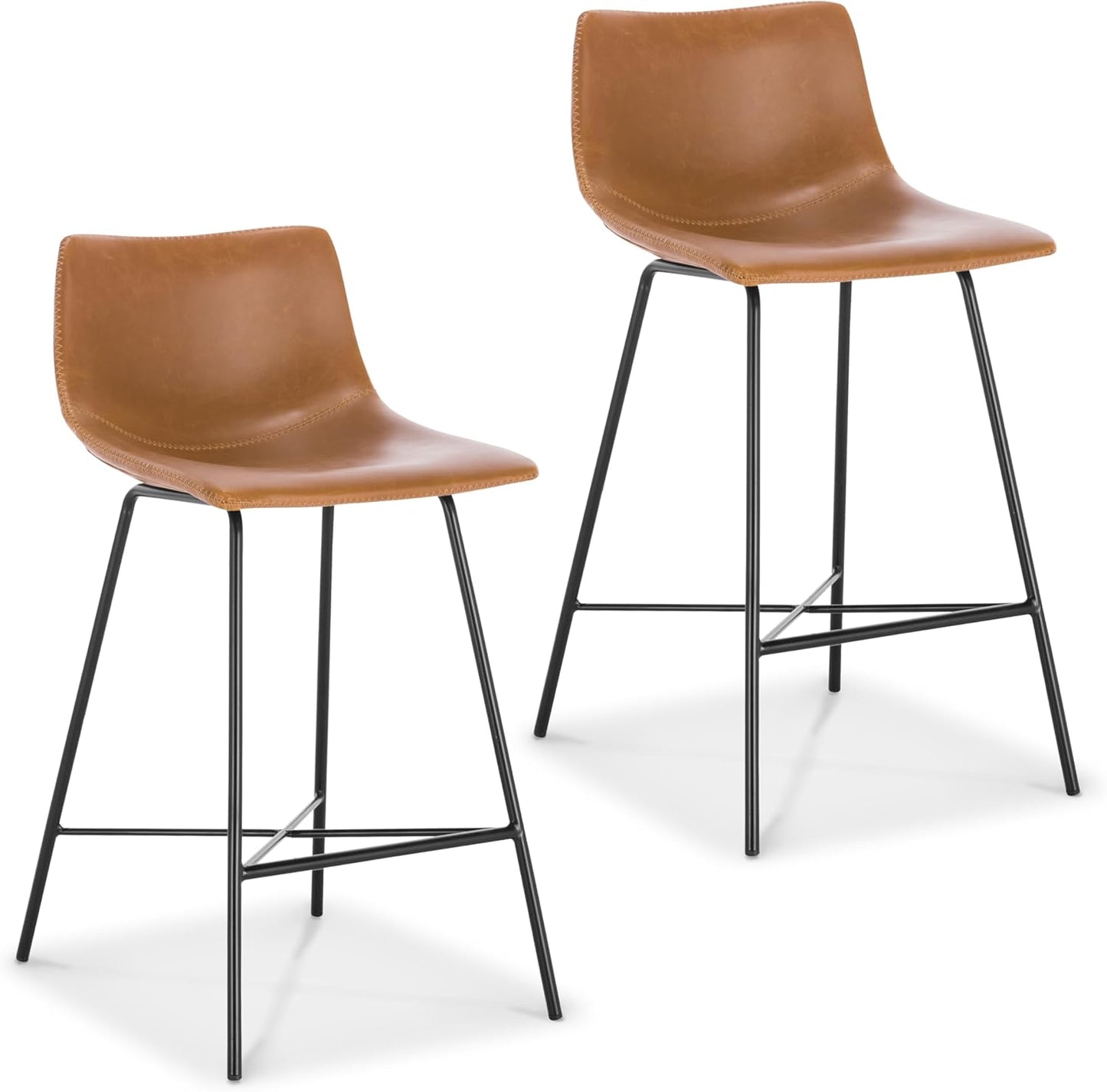 Paxton Leather Counter Stools 24 Inches – Set of 2 - Counter Height Bar Stools with Back – Modern Barstools for Kitchen Island or Counters – Faux Leather & Matte Black Steel Base – Tan