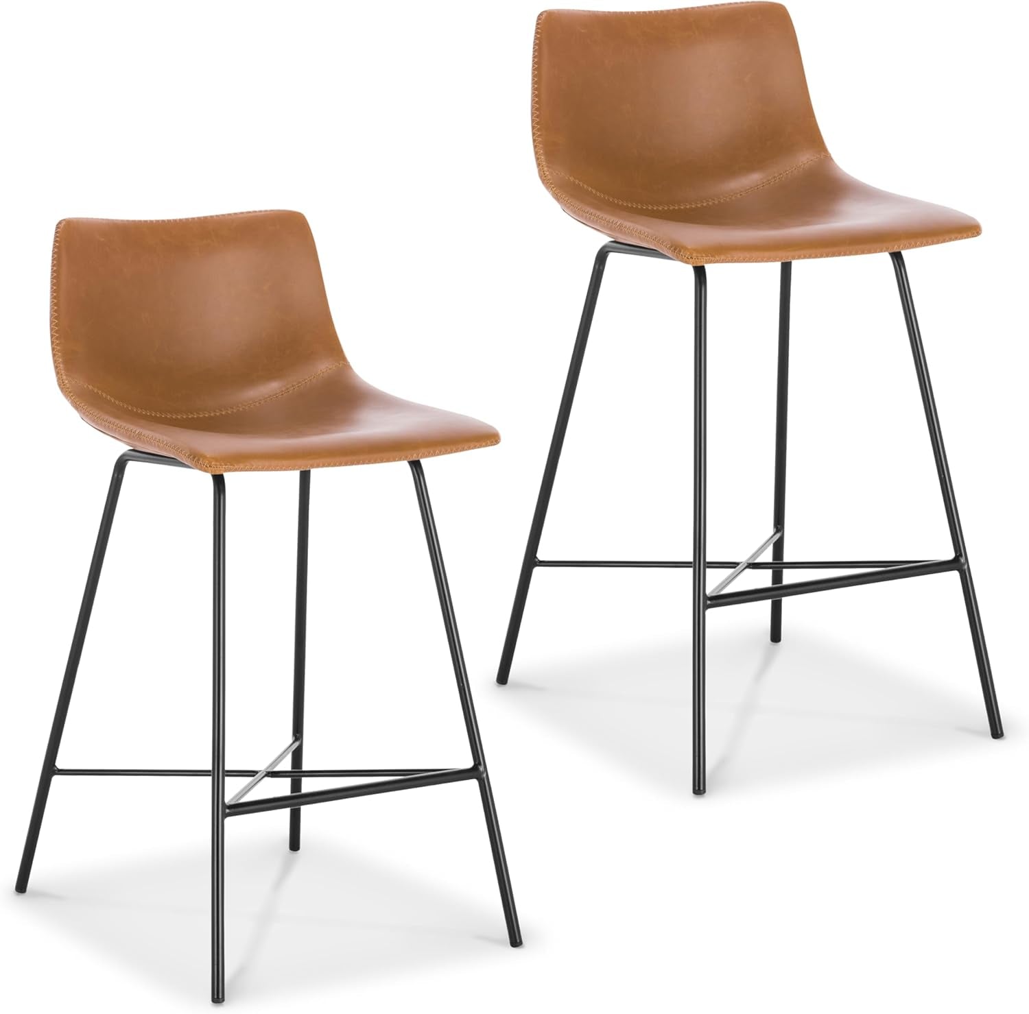 Paxton Leather Counter Stools 24 Inches – Set of 2 - Counter Height Bar Stools with Back – Modern Barstools for Kitchen Island or Counters – Faux Leather & Matte Black Steel Base – Tan