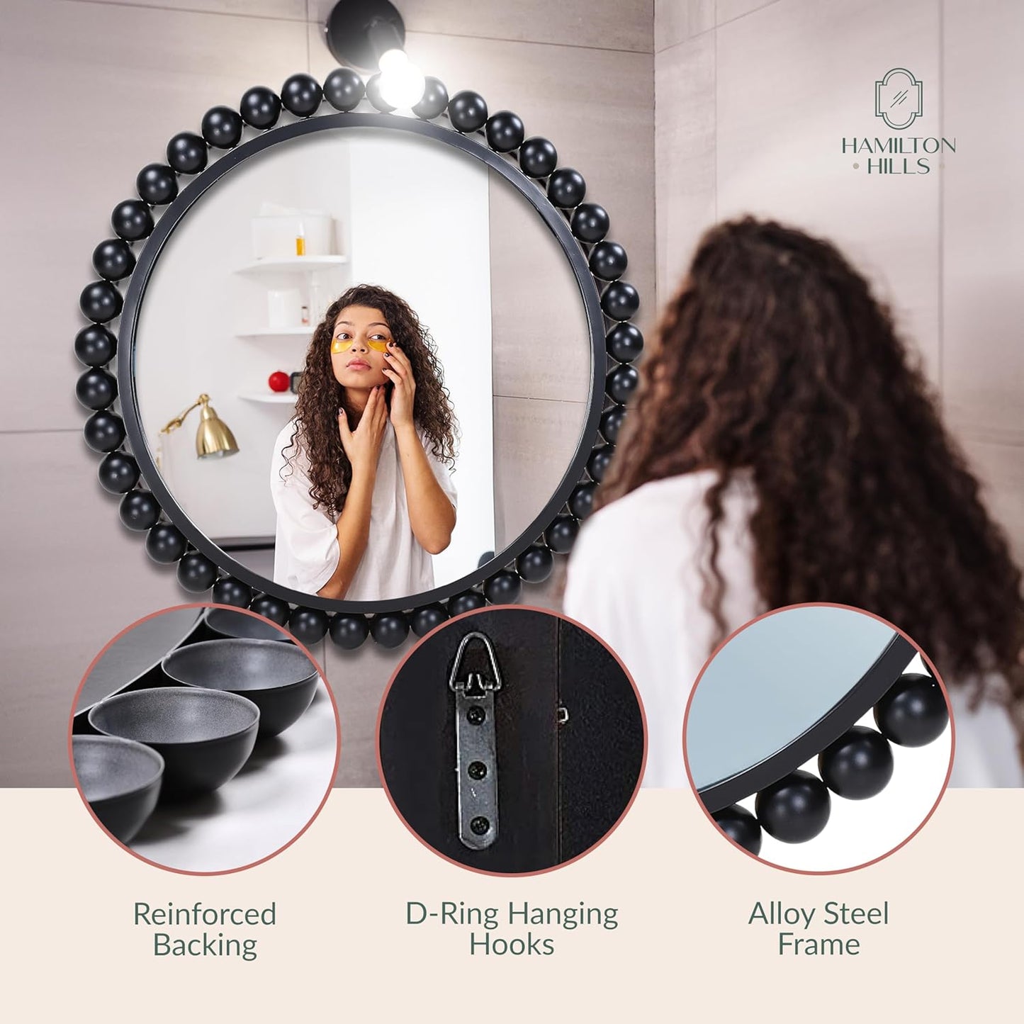 Black Circle Mirror - 33 X 33In - Chic round Mirror for Living Room, Bathroom, Entryway, Vanity Decor -Dimensional Crystal Clear Beads Reflect Light - Home Wall Decor