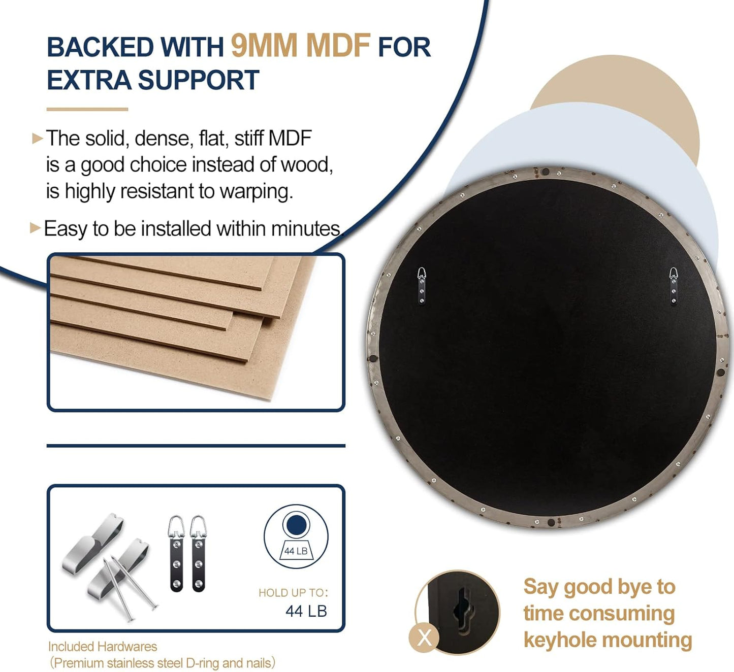 Nickel round Mirror, 26" Brushed Nickel round Mirror, Sliver Circle Bathroom Mirrors in Stainless Steel Metal Frame 1" Deep