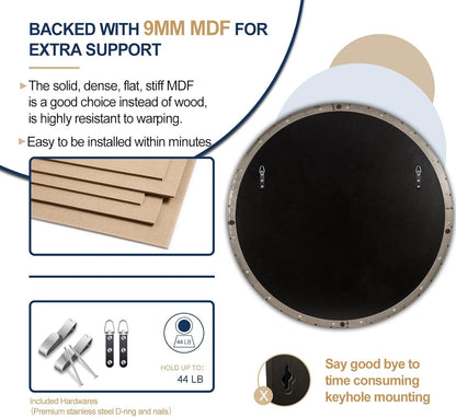 Nickel round Mirror, 26" Brushed Nickel round Mirror, Sliver Circle Bathroom Mirrors in Stainless Steel Metal Frame 1" Deep
