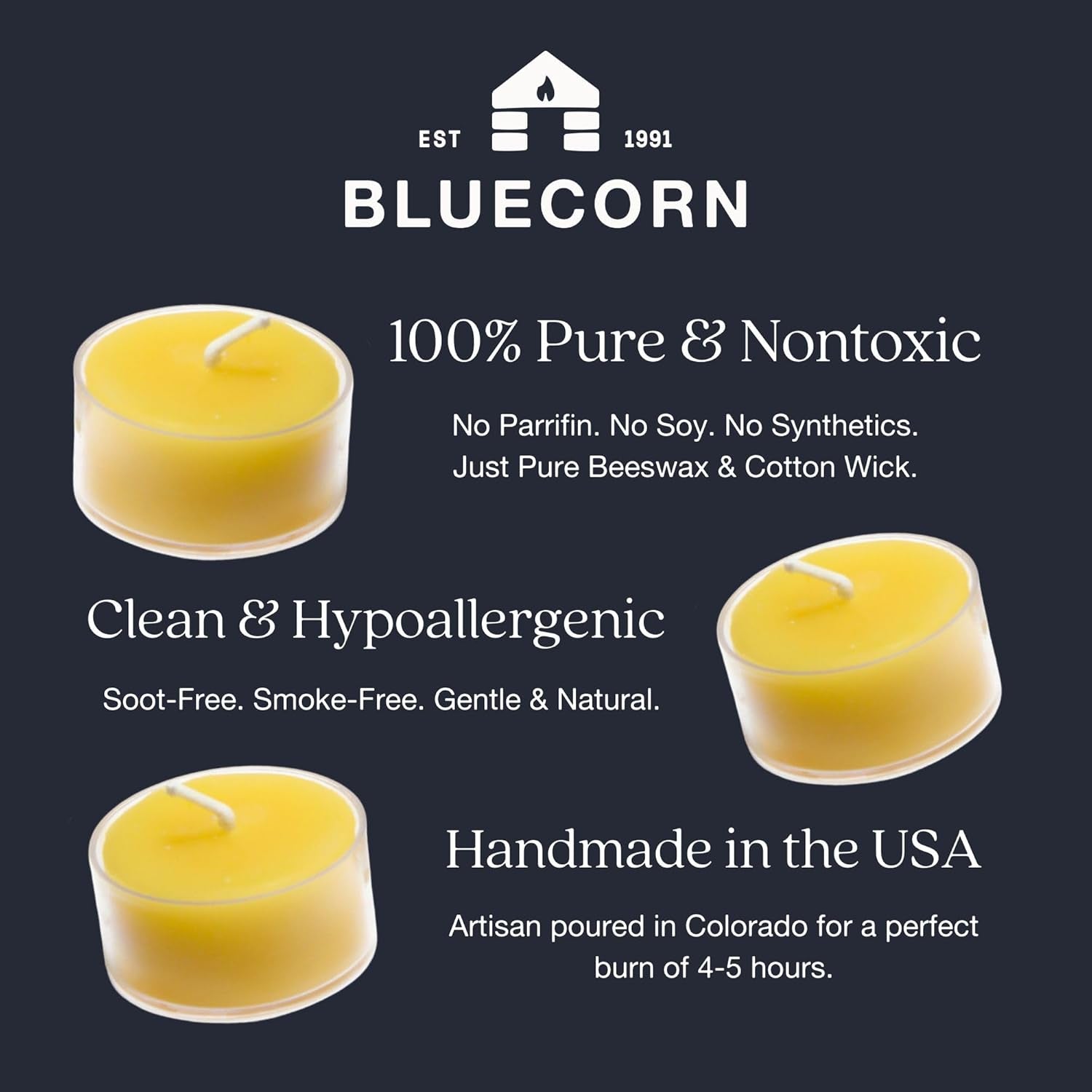 Tea Light Candles, 100% Pure Natural Bees Wax, Yellow Tea Lights, Fragrance Free, Paraffin & Soy Free Candle Wax, Clean Burning, Long Lasting (4-5 Hrs), American Made, 24 Pack