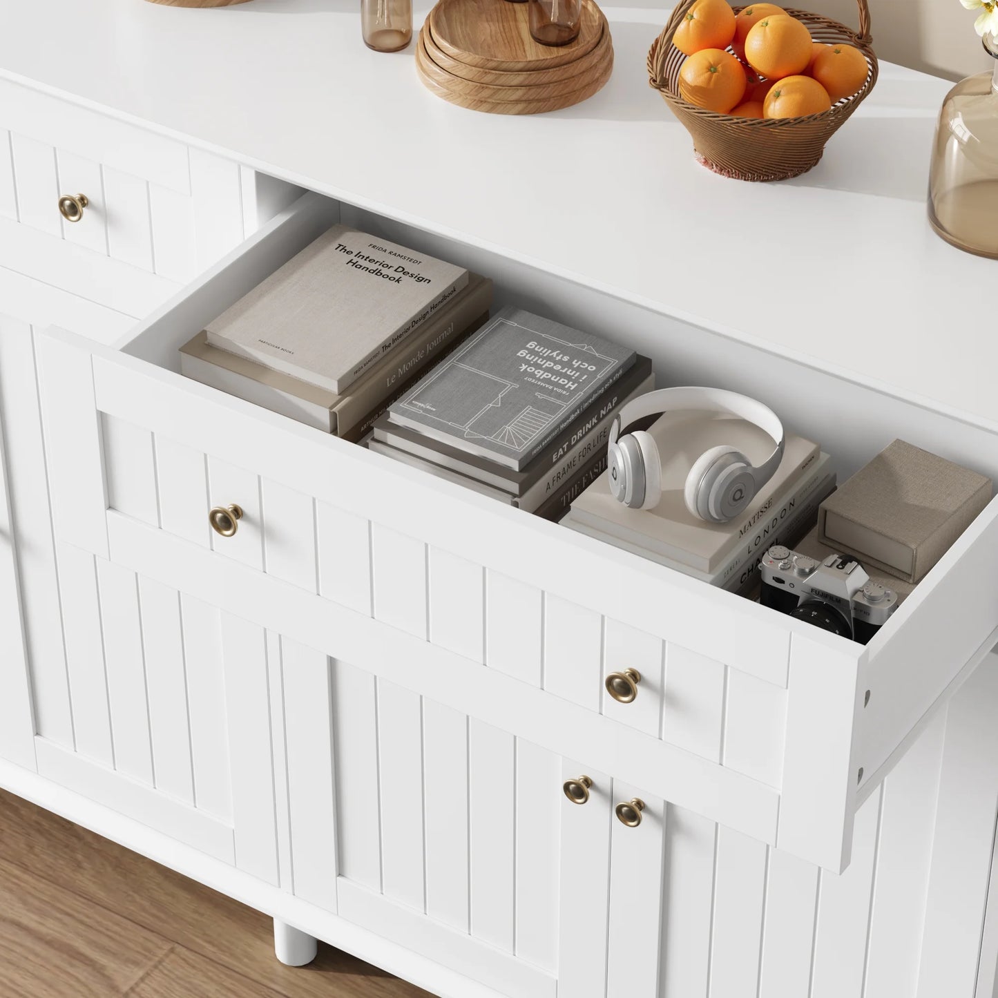 55.1"W Kitchen White Buffet Cabinet with Storage Drawer & Adjustable Shelf, Wood Coffee Bar Cabinet Sideboard for Dining Room
