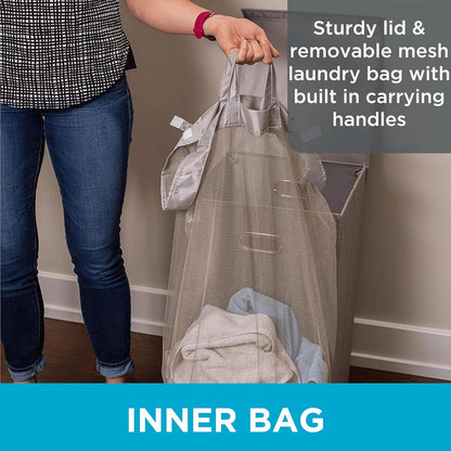 Laundry Hamper with Lid | Removable Bags for Sorting Clothes | Sectioned Laundry Basket for Bedroom & Bathroom | Collapsible Storage Bin with Cover | Single, Grey