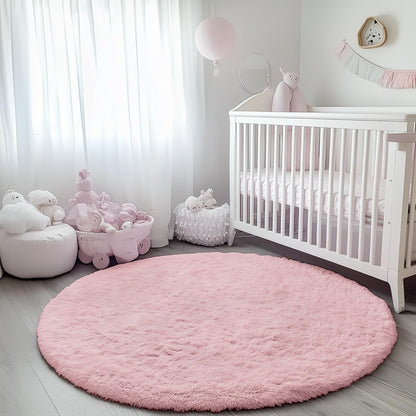 Light Pink round Area Rugs 2Ft for Bedroom Living Room, Fluffy Cat Dog Bed Mat, Circle Rug for Kids Girls Boys Teen, Soft Plush Shaggy Carpet for Nursery Dorm Home Decor Aesthetic