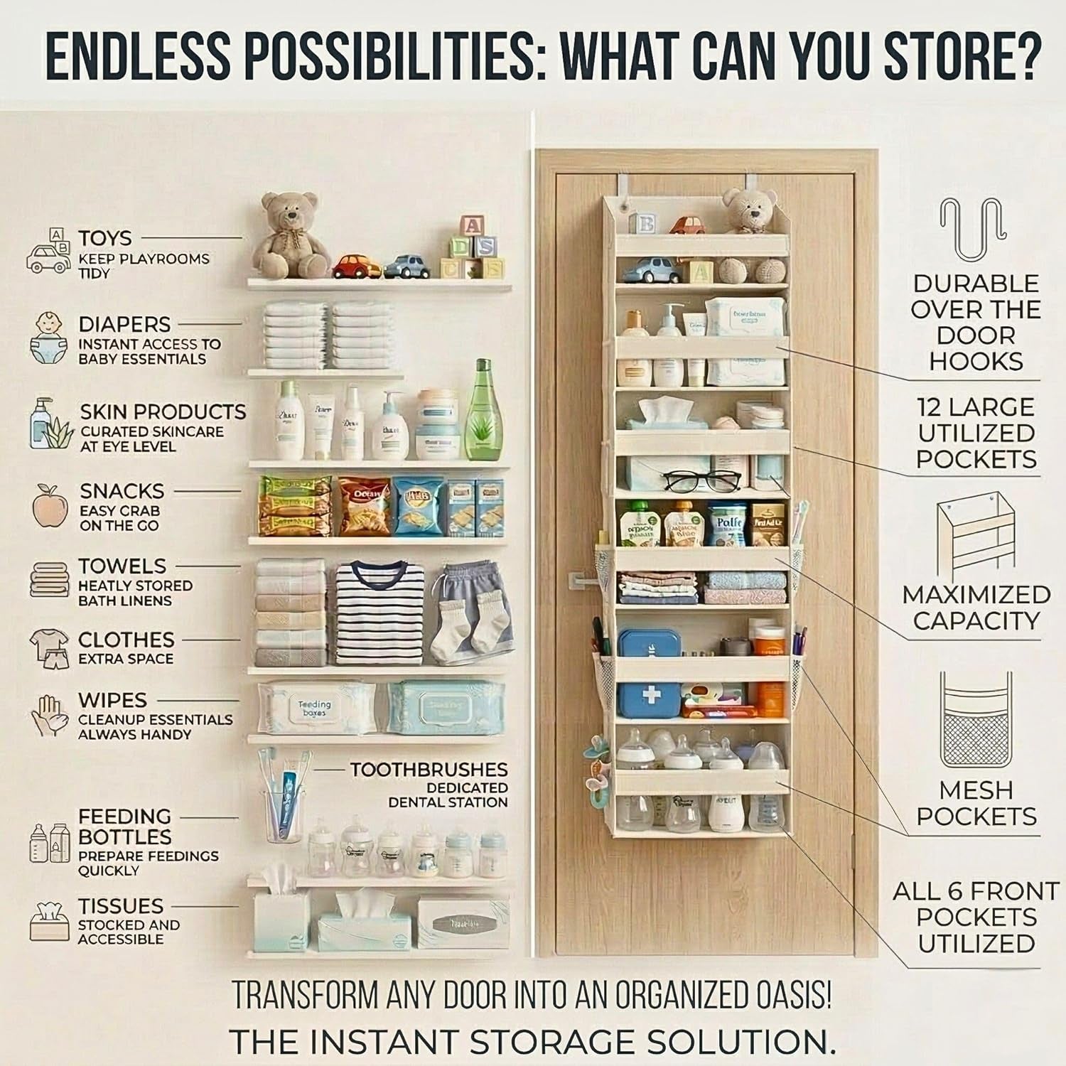 UPGRADED 6 Tiers over the Door Organizer Hanging - 100D EXTRA THICK & 50Lbs HUGE CAPACITY, 12 Side Mesh Pockets over the Door Shoe Organizer, Hanging Closet Organizer (Ivory, 1Pc)