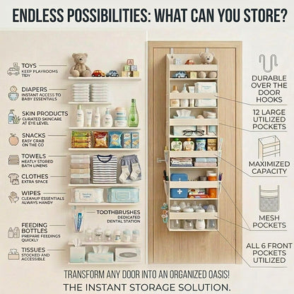UPGRADED 6 Tiers over the Door Organizer Hanging - 100D EXTRA THICK & 50Lbs HUGE CAPACITY, 12 Side Mesh Pockets over the Door Shoe Organizer, Hanging Closet Organizer (Ivory, 1Pc)
