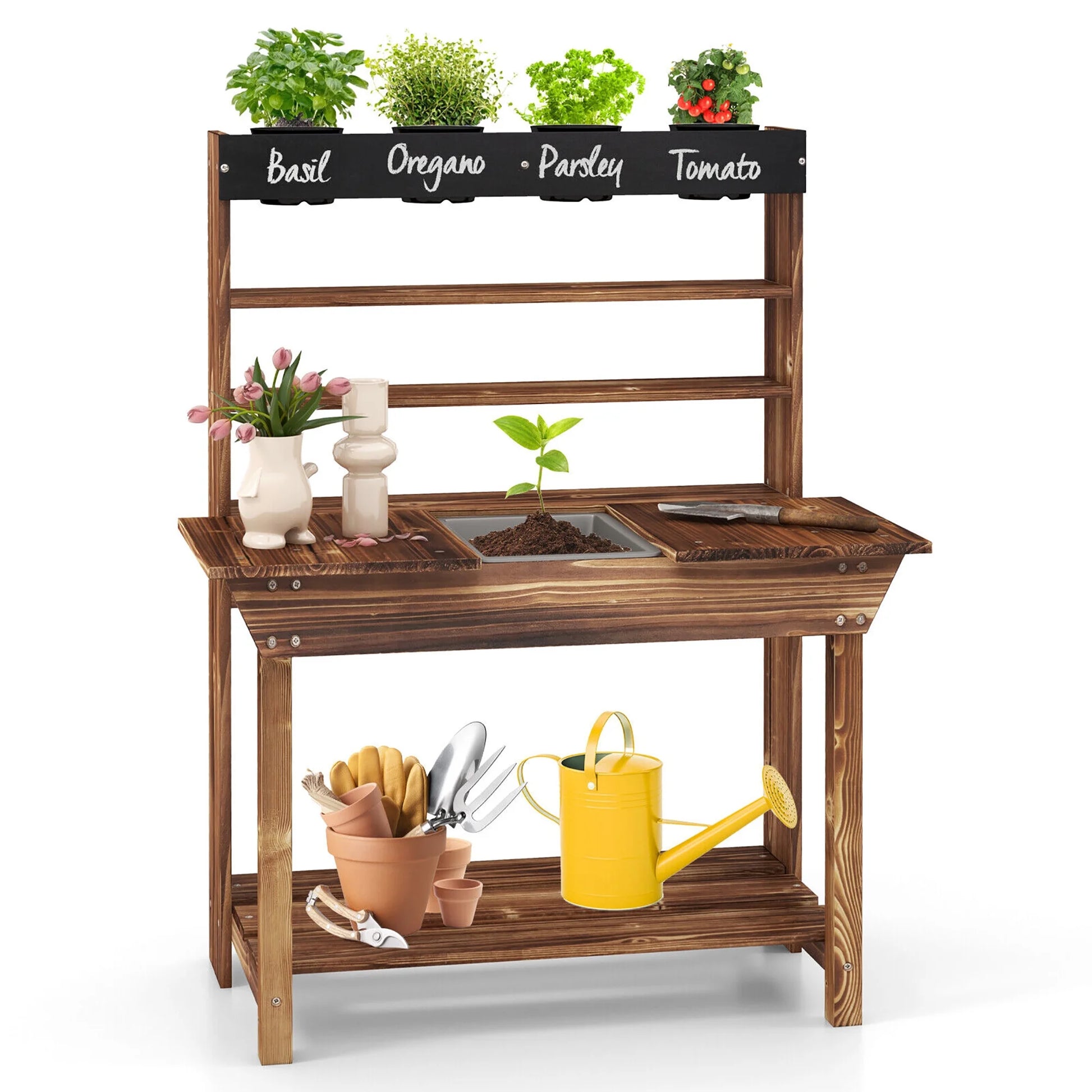 Kids Potting Bench Wooden Toy Gardening Center W/ Removable Sink & Chalkboard