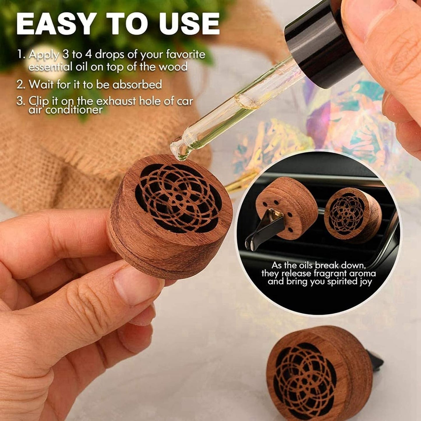 Car Essential Oil Diffuser, 2 Pcs Portable Mini Vent Clip Wooden Flower Car Diffuser for Women