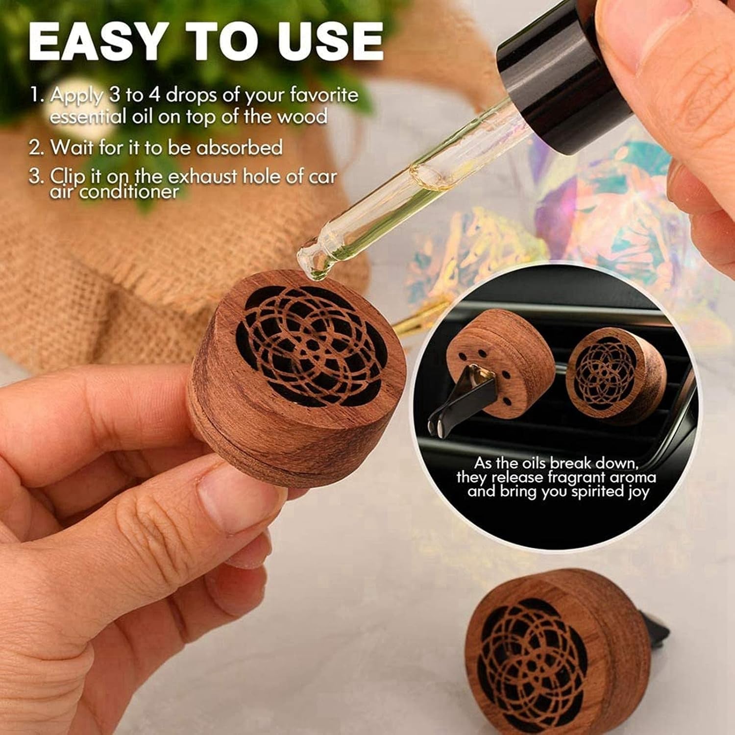 Car Essential Oil Diffuser, 2 Pcs Portable Mini Vent Clip Wooden Flower Car Diffuser for Women