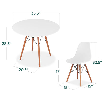 5-Piece Compact Mid-Century Modern Dining Set W/ 4 Chairs, Wooden Legs - White/Walnut
