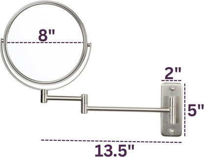 Wall-Mounted Magnifying Mirror - Bathroom Makeup Mirror with 5X Magnification - 8-Inch Diameter - Nickel Finish - Model JP7506N