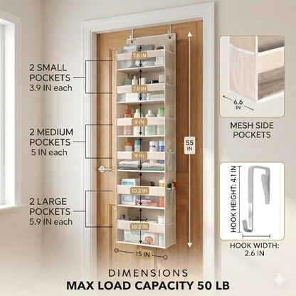 UPGRADED 6 Tiers over the Door Organizer Hanging - 100D EXTRA THICK & 50Lbs HUGE CAPACITY, 12 Side Mesh Pockets over the Door Shoe Organizer, Hanging Closet Organizer (Ivory, 1Pc)