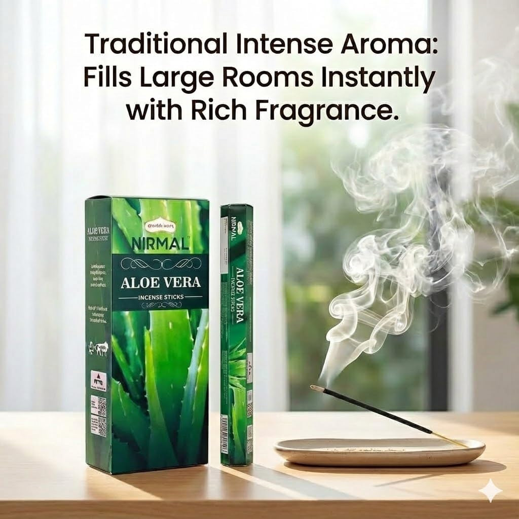 Nirmal Aloe Vera Incense Sticks, Pack of 6 (120 Sticks). Fresh, Clean & Soothing Scent. Perfect for Stress Relief, Relaxation, Yoga & Refreshing Home Fragrance