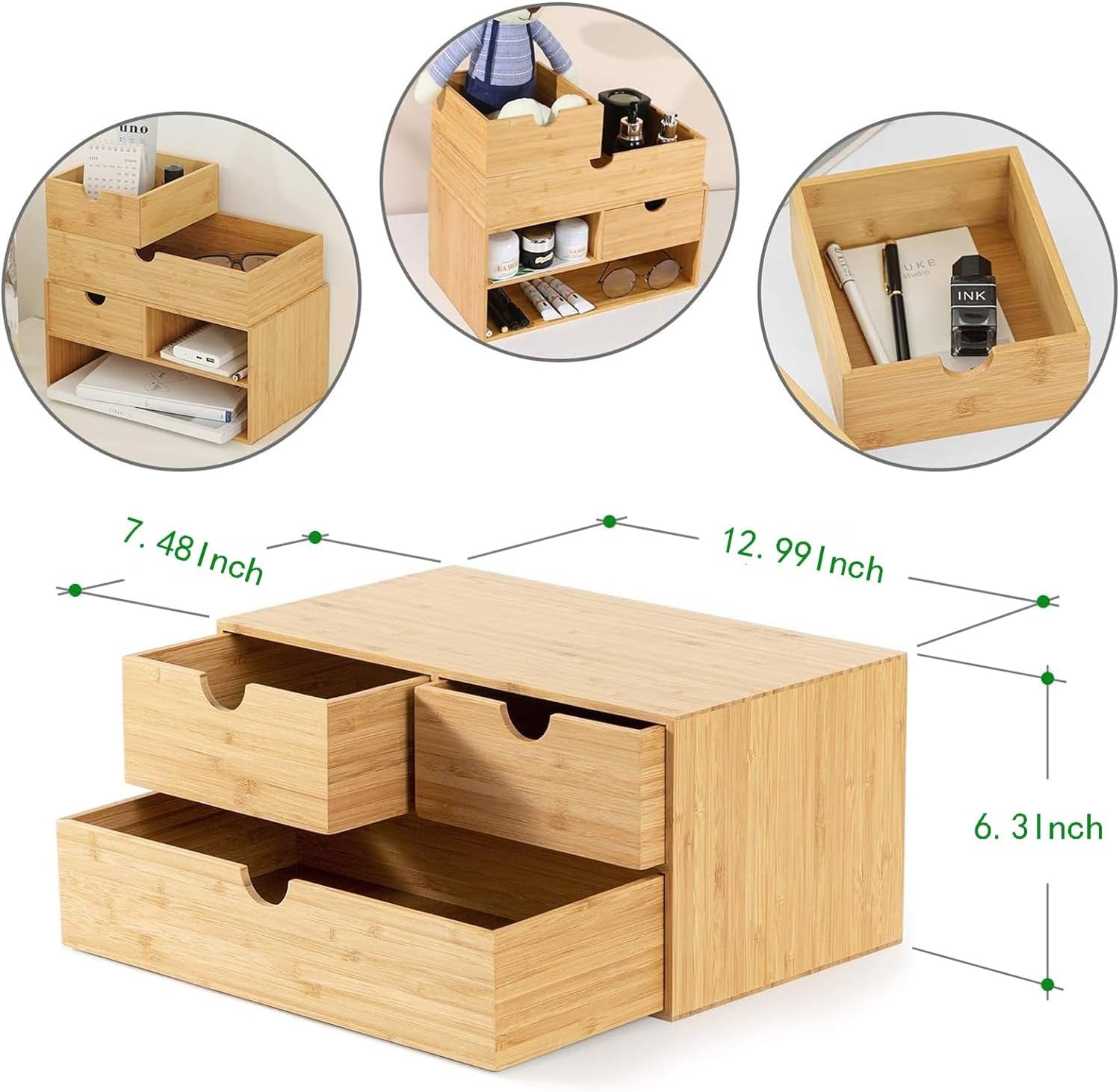 Bamboo Desk Drawer Organizer, Desktop Organizer with Drawers Tabletop Storage Organization Box for Office Home Toiletries Supplies Vanity, No Assembly Required(3 Drawers-Up Down)