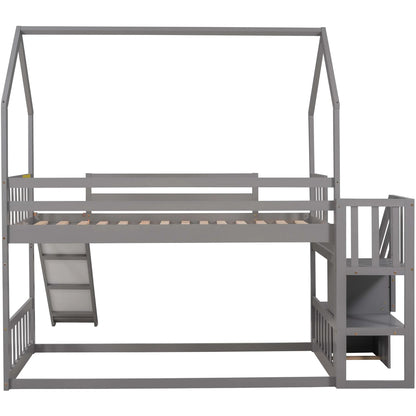 Twin House Bunk Bed with Staircase for Kids Teens Bedroom, Solid Wood Bunk Bed with Storage, Gray