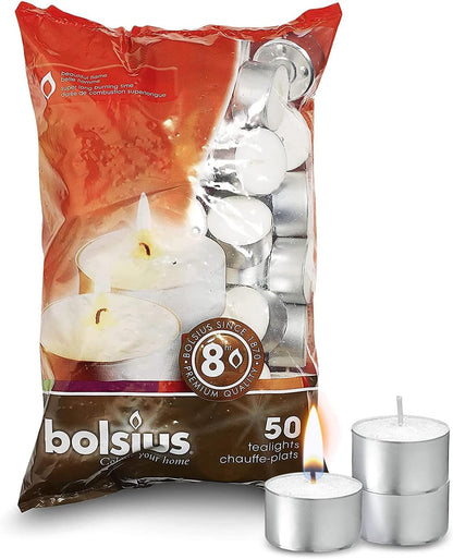 50 Unscented Tea Lights - 8 Hours Burn Time - Premium European Quality - Consistent Smokeless Flame - 100% Cotton Wick - Dinner, Wedding, Party, Restaurant, Spa, Church, & Home Décor Tealights