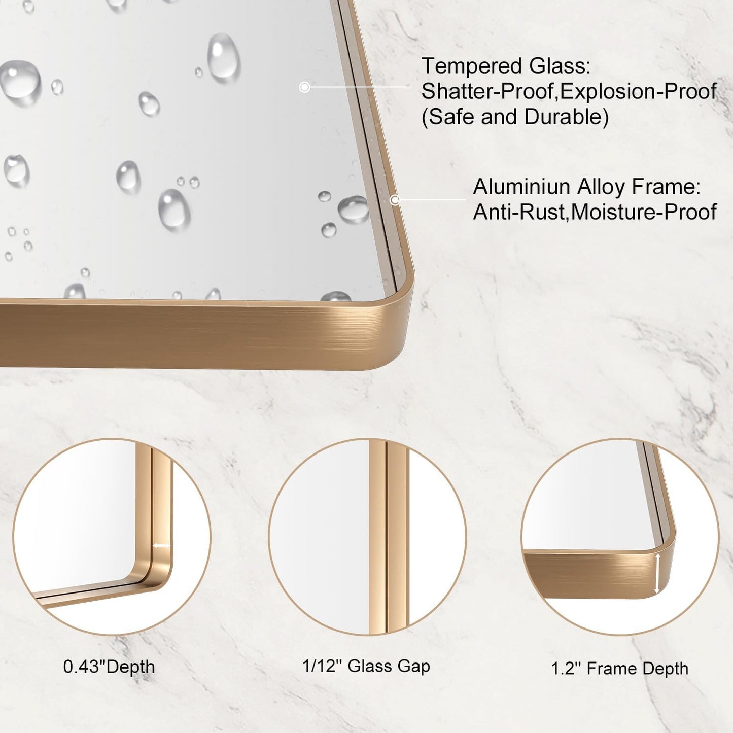 20”X30” Gold Bathroom Mirror, Rounded Rectangle Gold Frame Mirror, Brushed Gold Bathroom Vanity Mirror Wall-Mounted, Anti-Rust, Hangs Horizontally or Vertically
