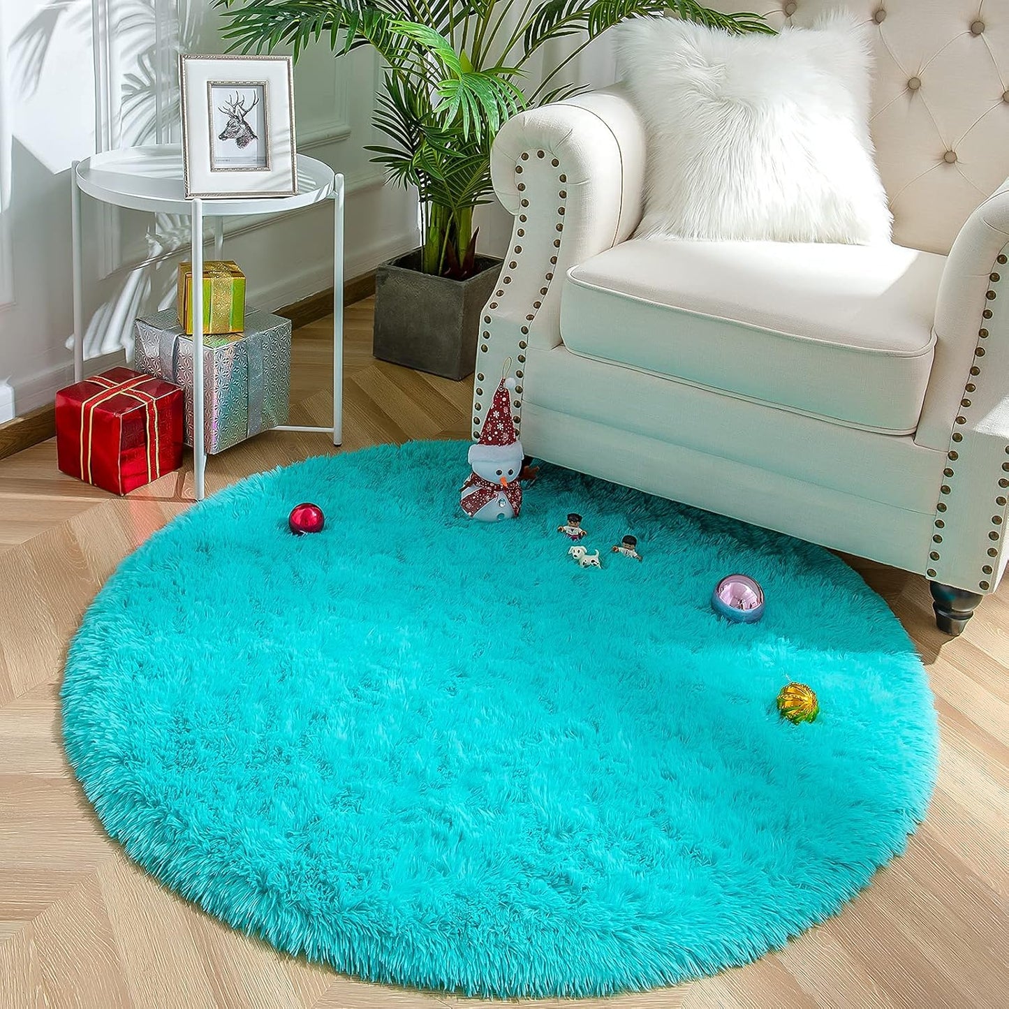 Fluffy round Rug Nursery Rug, Turquoise Blue Circle Rug Kids Rug, 4 X 4 Feet
