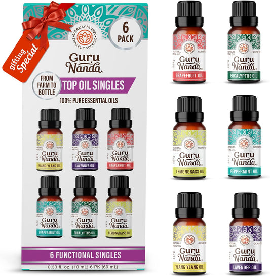 Essential Oils Set – 6 Pack (10Ml Each), Lavender, Peppermint, Eucalyptus, Lemongrass, Grapefruit & Ylang Ylang, 100% Natural Aromatherapy Oils for Diffuser, Massage & DIY Candle Making
