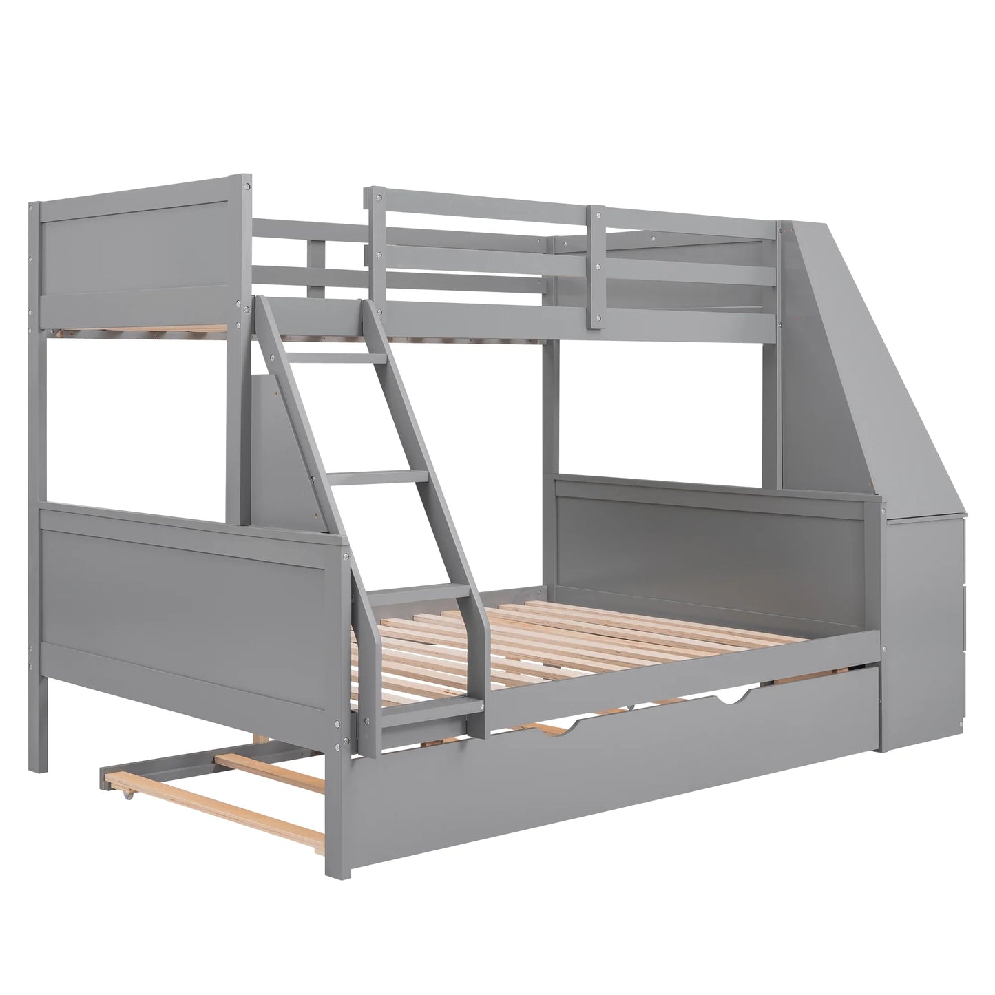 Wood Twin over Full Bunk Bed with Twin Trundle, Built-In Desk with Shelf and 3 Drawers for Kids Teens Adults, 3-In-1 Beds, Gray