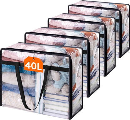 4 Pack Clear Clothes Storage Bags, 40L Plastic Blanket Storage Bag, Vinyl Foldable Moving Bags with Zipper, Closet Organizers and Storage Containers for Bedding, Duvet, Comforter