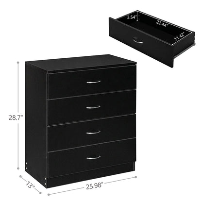 Black Chest of Drawers Dresser Wood Organizer Cabinet, 4 Drawer Nightstand Side Table, Furniture for Bedroom