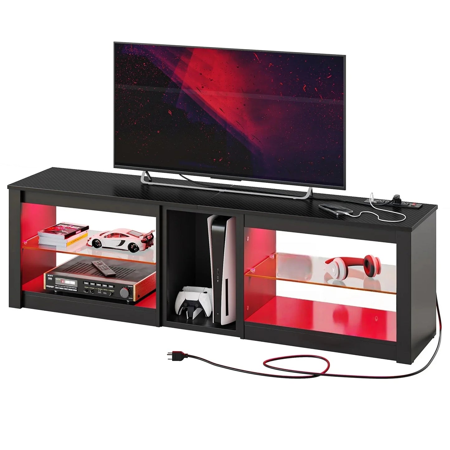 TV Stand for Tvs up to 70" with LED Light, Entertainment Center for PS5 with Shelves, Wash White