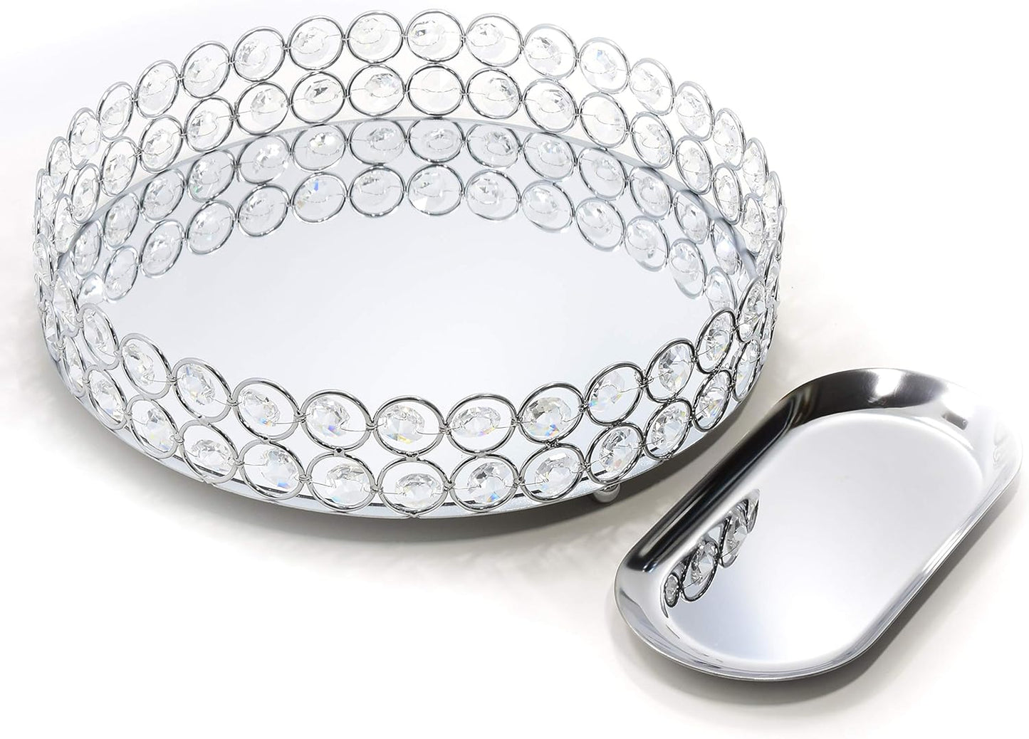 Crystal Decorative Tray Metal Mirrored Perfume Cosmetic Organizer Jewelry Trinket Display Storage Vanity Trays Home Décor Accents Luxury Gift (Round, 10In, Silver)