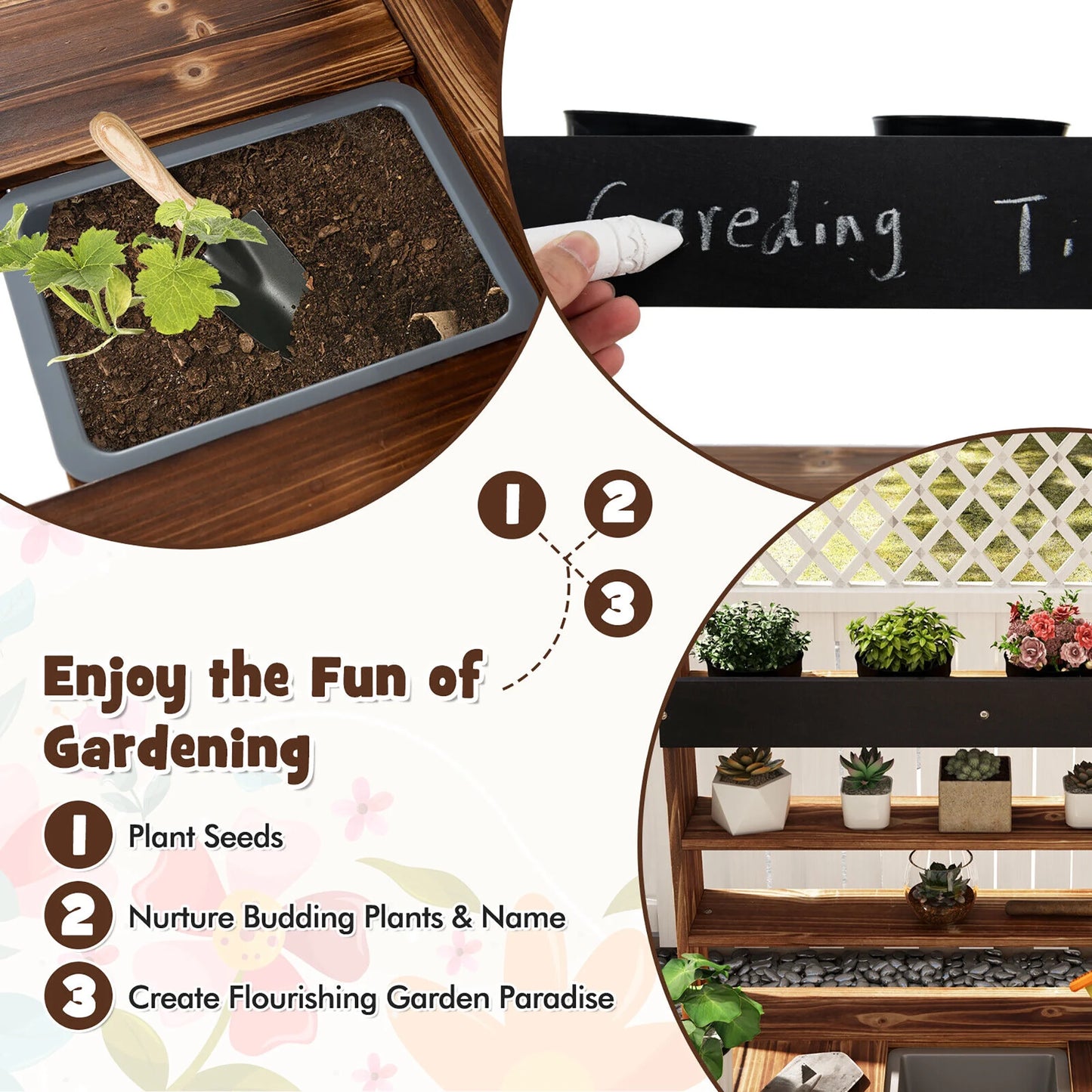 Kids Potting Bench Wooden Toy Gardening Center W/ Removable Sink & Chalkboard