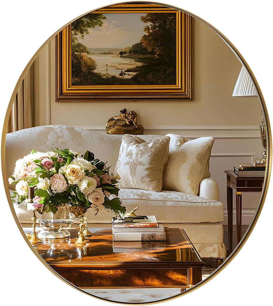 round Gold Mirror 30 Inch, Brass Mirror with Brushed Gold Frame, Wall Mounted Stainless Steel Metal Frame round Mirror for Bathroom, Living Room, Bedroom