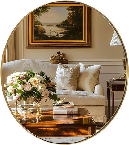 round Gold Mirror 30 Inch, Brass Mirror with Brushed Gold Frame, Wall Mounted Stainless Steel Metal Frame round Mirror for Bathroom, Living Room, Bedroom