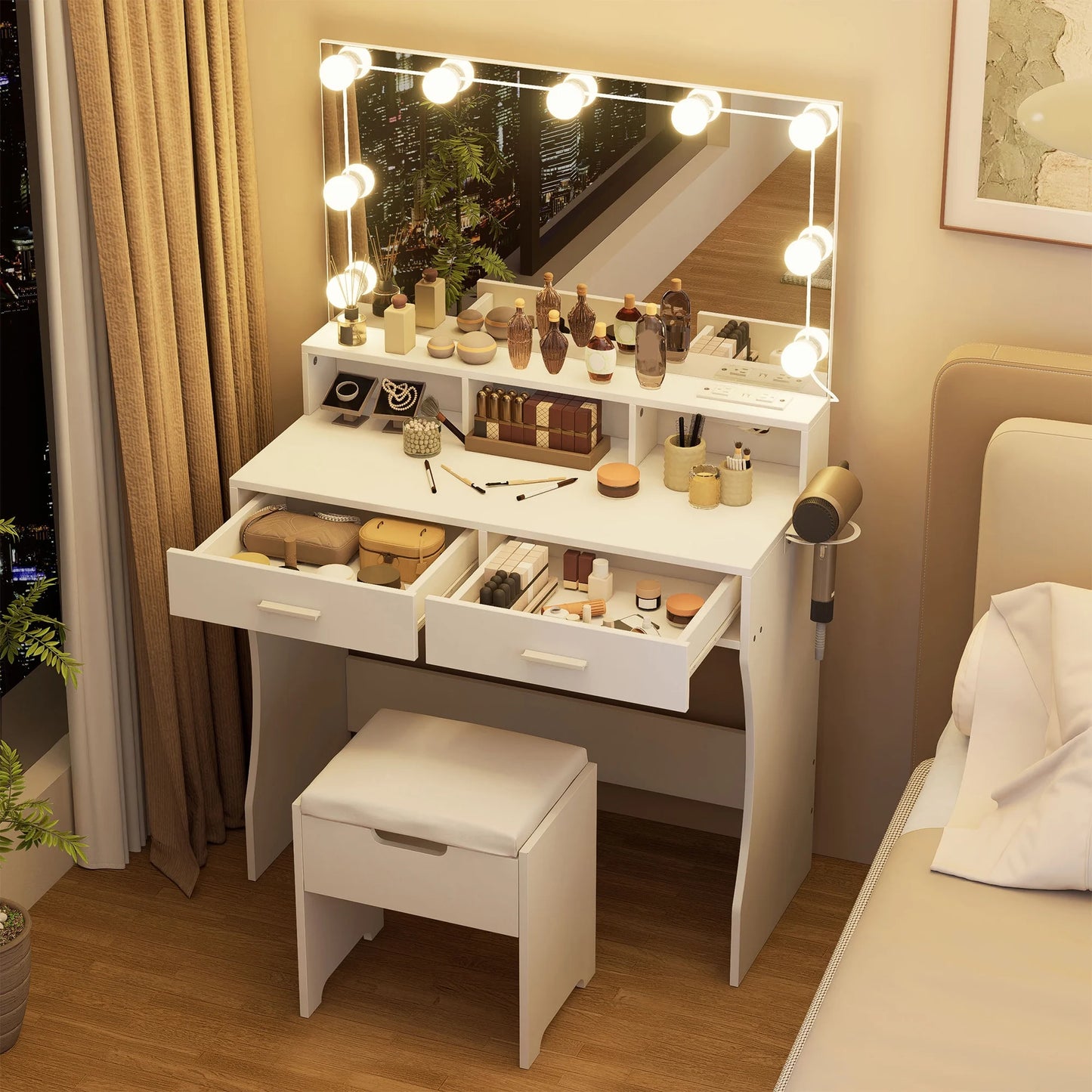 Modern Vanity Table Set with Lighted Mirror,Makeup Table with 2 Drawers & Power Strip,Dresser Desk for Girls, Women, White