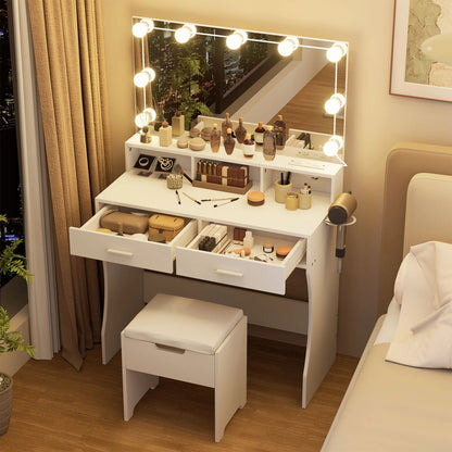 Modern Vanity Table Set with Lighted Mirror,Makeup Table with 2 Drawers & Power Strip,Dresser Desk for Girls, Women, White