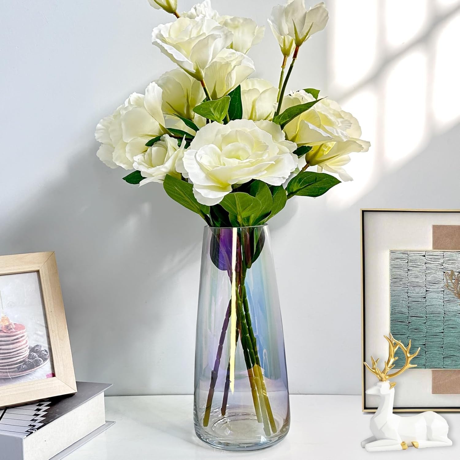 Flower Vase Modern Home Decor Glass Vase for Bouquet 8.7" Centerpiece Decor Room Living Room Library Office Table Entryway Modern Farmhouse(Iridescent Clear)