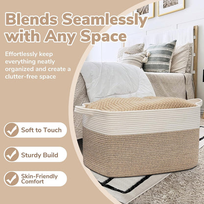 Large Woven Blanket Basket, 21.6" X 14.9" X 11.8" Storage Baskets for Organizing, Rectangle Cotton Rope Toy Basket for Living Room, Bedroom, White & Brown
