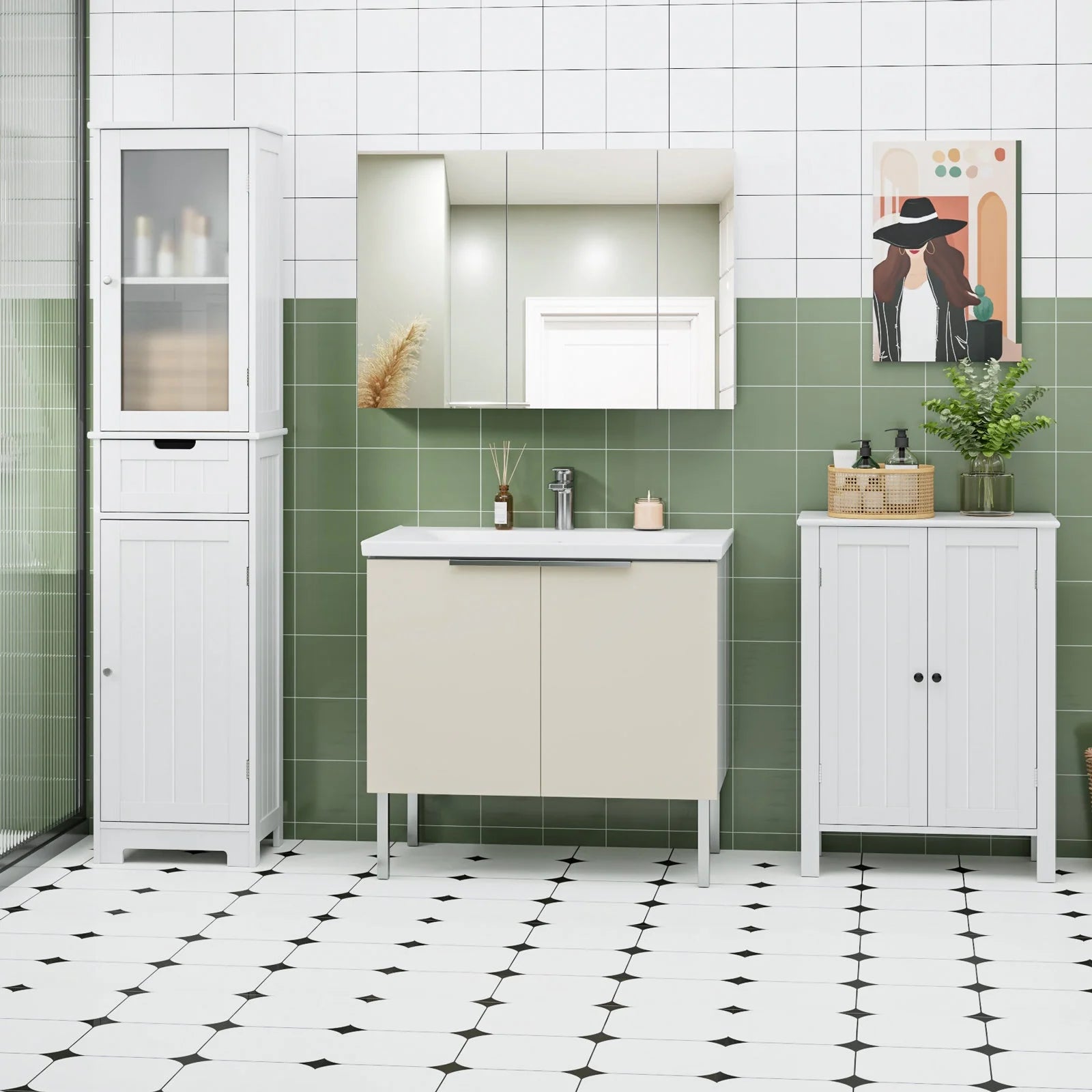 Bathroom Storage Tower, Narrow Linen Cabinet with Door and Drawers, Tall Bathroom Storage Cabinet for Small Spaces, White